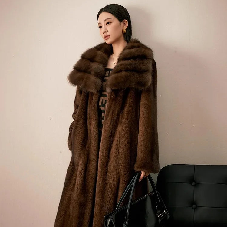 Lautaro Winter Long Luxury Elegant Thick Warm Soft Brown Faux Mink Fur Coat Women Turn-Down Collar Loose Stylish Furry Overcoat