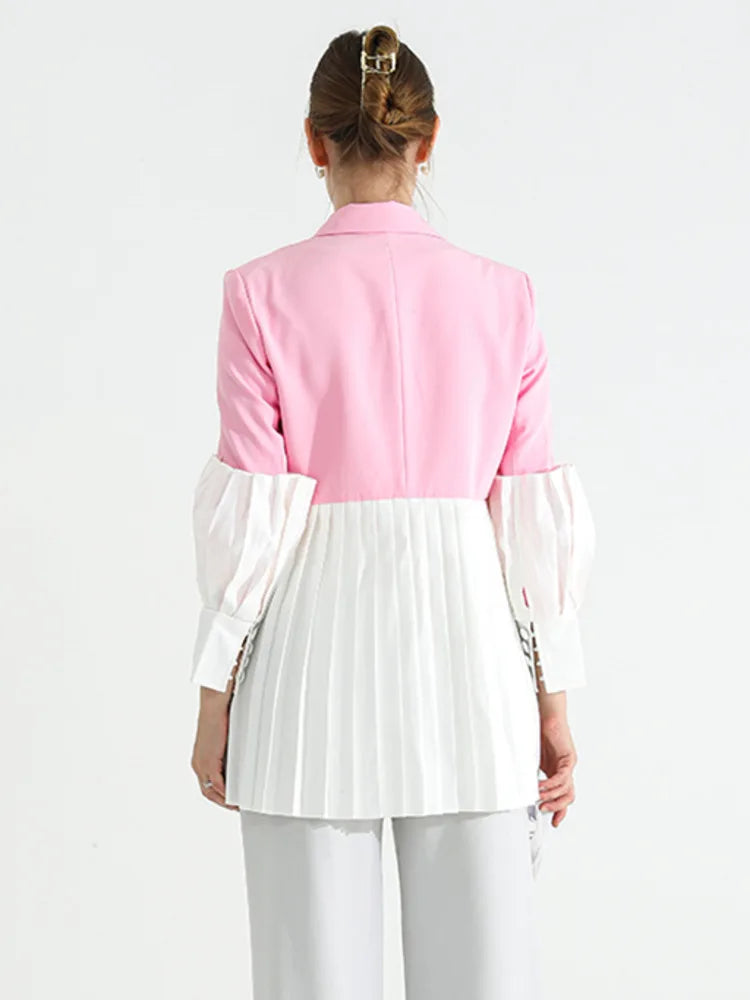 DEAT Fashion Women's Blazer Notched Collar Single Button Spliced Pleate Contrast Colors Suit Jackets Spring New Tide 7AB008