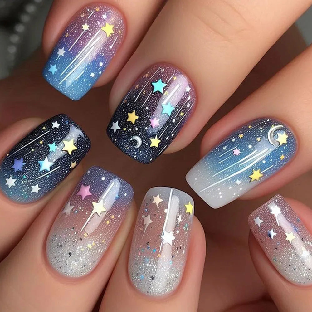 24Pcs Fake Nails with Colorful Starry Sky Square Press on Nails Full Cover Dreamy Star Moon Meteor Girl Detachable Nail Tips Art 1