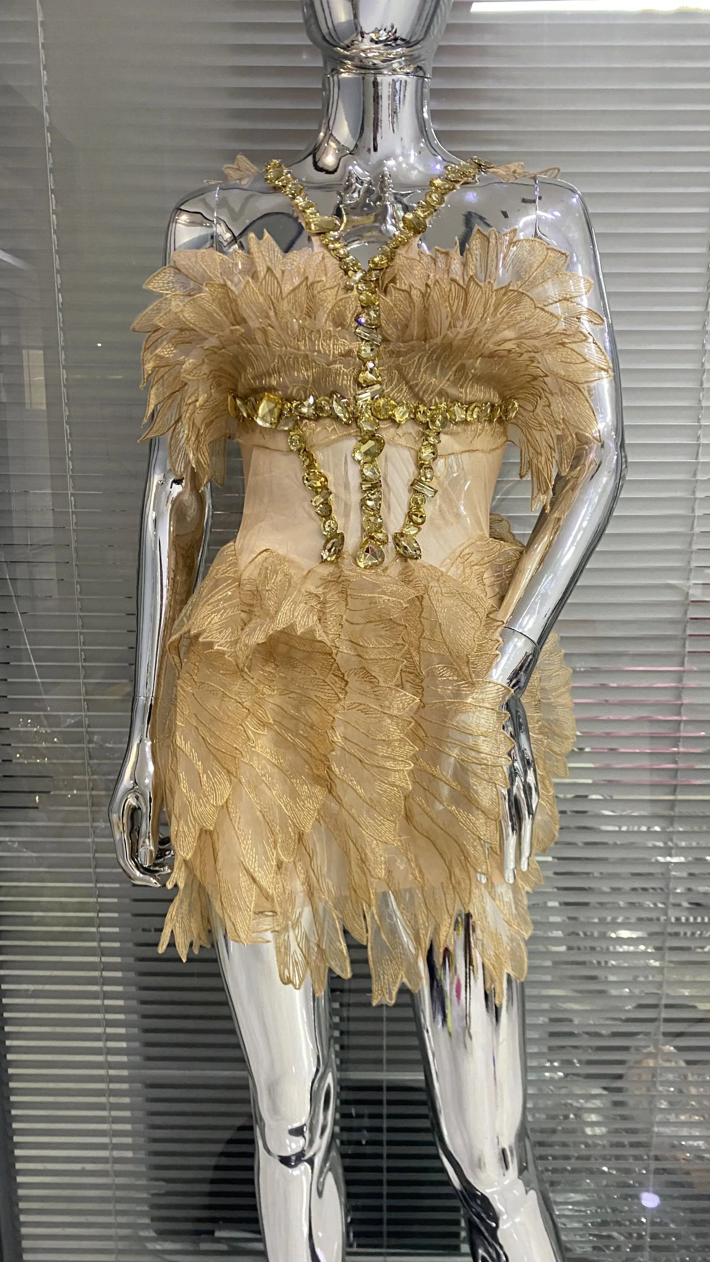 Gold Color Women Sexy Halter Crystal Bodycon Mini Dress Celebrate Birthday Party Girls' Nightclub Bar SInger Dress