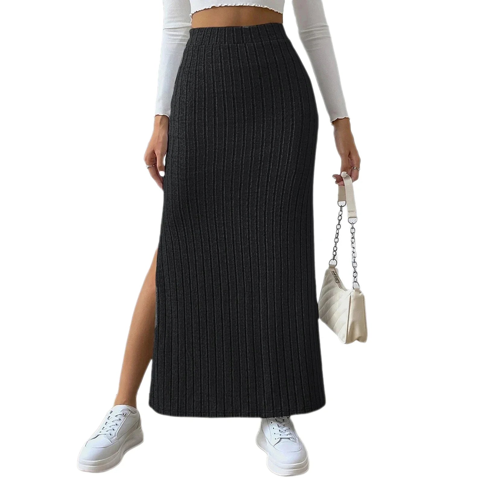Solid Color Long Skirt Striped High Waist Knitted Maxi Skirt for Women Warm Slim Fit Ankle Length Sheath Skirt with Split Hem Black