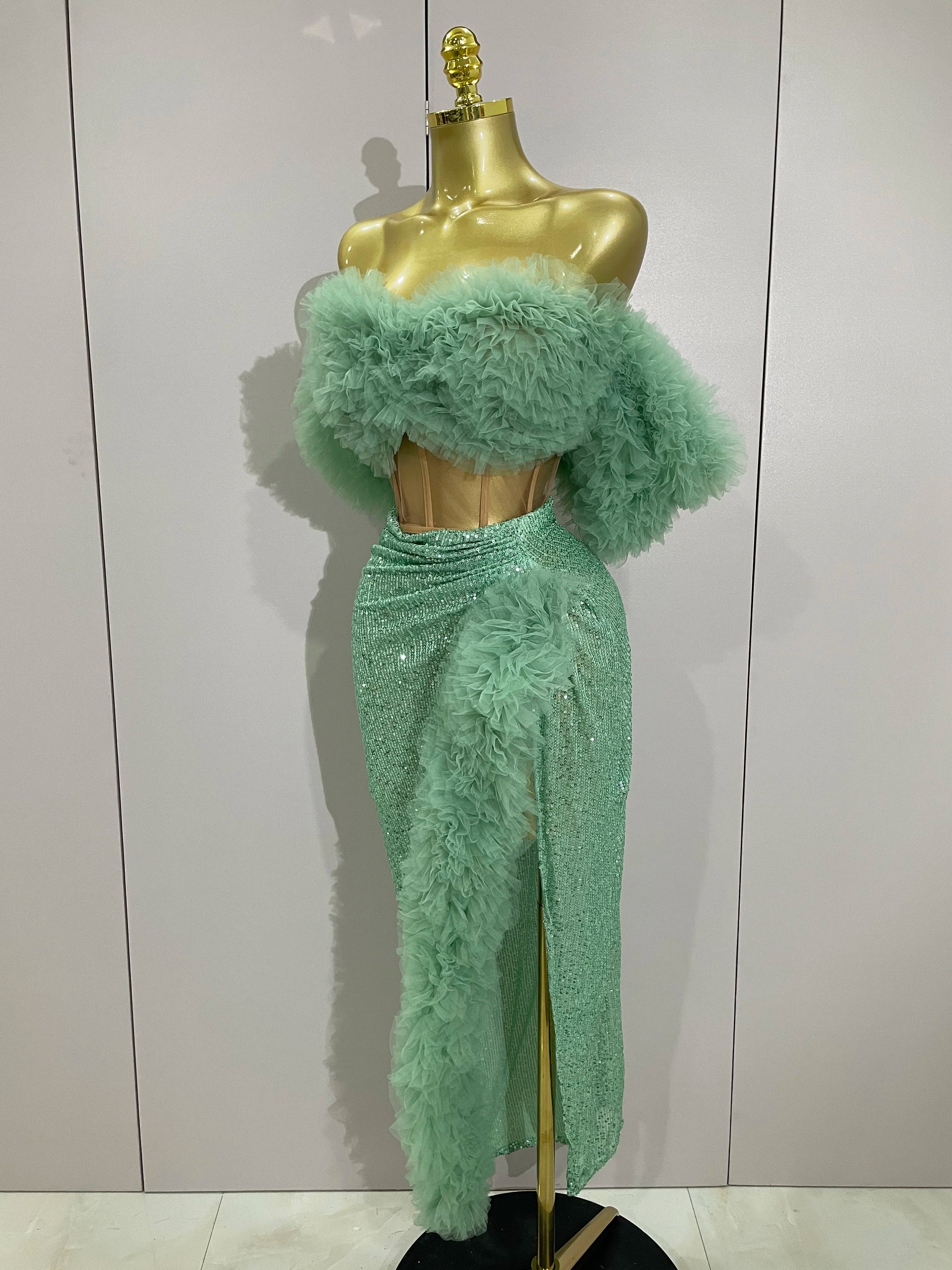 Shiny Sequins Top Short Skirt Two Pieces Set 2025 Women Sexy Celebrate Evening Prom Birthday Party Dress Nightclub Stage Outfit