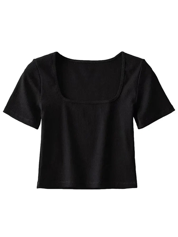 Women Square Neck Rib Crop T-shirt Short Sleeve Crop Top black