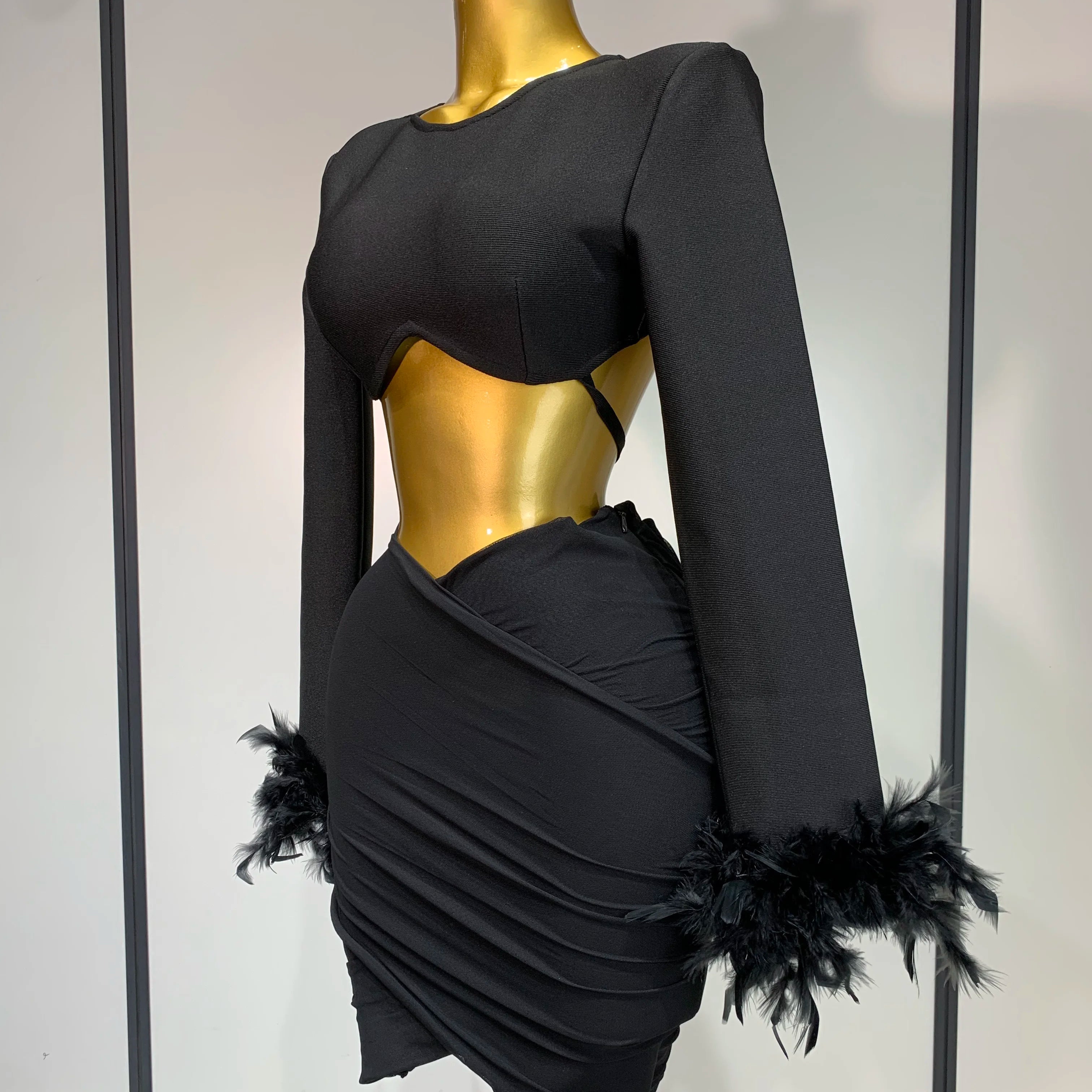 Luxury Birthday Dress Women Sexy Long Sleeve Feather Black Mesh Mini Bodycon Bandage Dress Elegant Evening Club Party Dress 