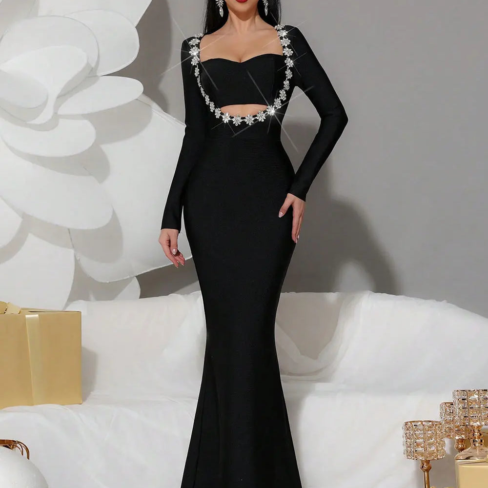 2025 Women's Light Luxury Nail Diamond Design Fishtail Bandage Dress Strapless Long Sleeve Hollow Bodycon Black Long Dresses