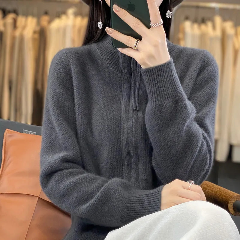 Women's 100% Merino Wool Knitting Sweater Clothing Autumn/Winter Casual Loose Top Fashion Korean Cashmere Large Zipper Jacket