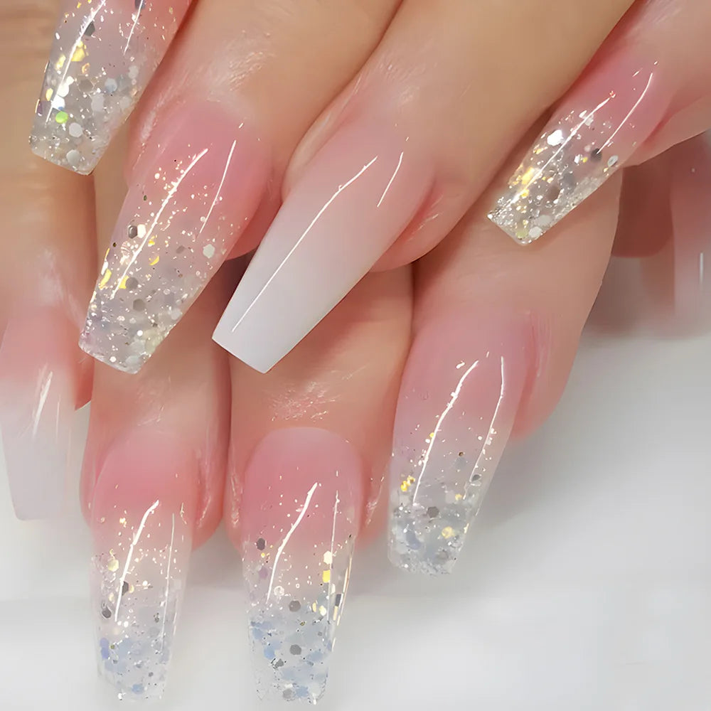 24pcs/set Glitter fake nails for women girls super flash sparkling gradient pink black tips faux ongles press on false nail art 1100