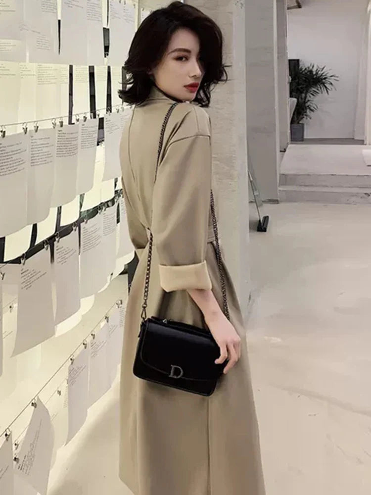 Autumn Long Black Cool PU Leather Trench Coat for Women Belt Single Breasted Loose Korean Fashion Wholesale Clothes 2022 Light Khaki