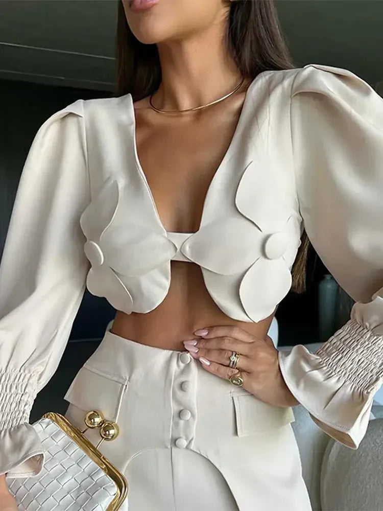 Sexy Flare Sleeve Blouse & Trouser Set Women Chic V Neck Backless Crop Top High Waist Wide Leg Pants Suit Spring Outfits