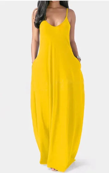 European and American Women's Cross border Summer New Product Solid Color Sexy Deep V Sling Dress Yellow