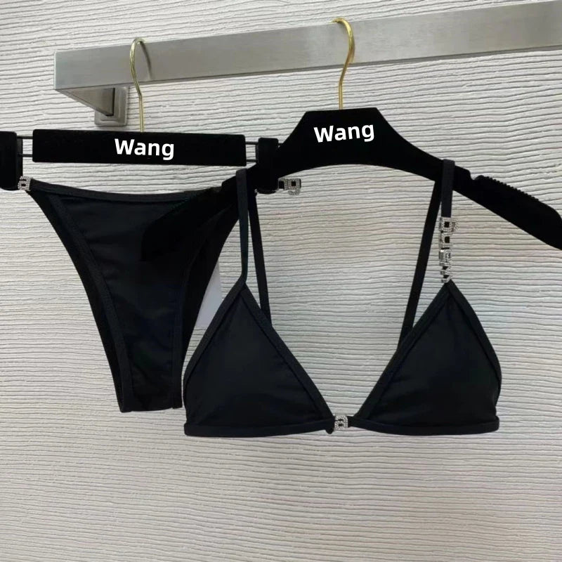 New Rhinestone Letter Wang Beach Bikini Luxury Brand Designer Y2K Fashion Sexy Women's Beach Bikini Duo Set 2Photo color