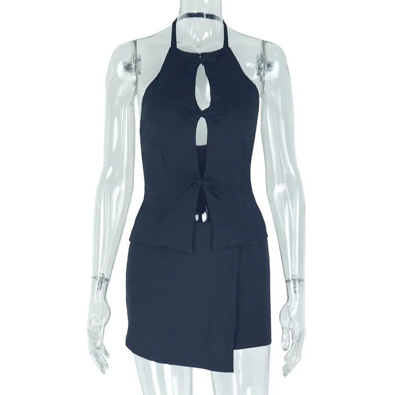 2025 Summer Women's Set Sleeveless Hollow Out Top+ Skirts Shorts Cute Street Two 2 Piece Sets Street Outfits Tracksuit Black