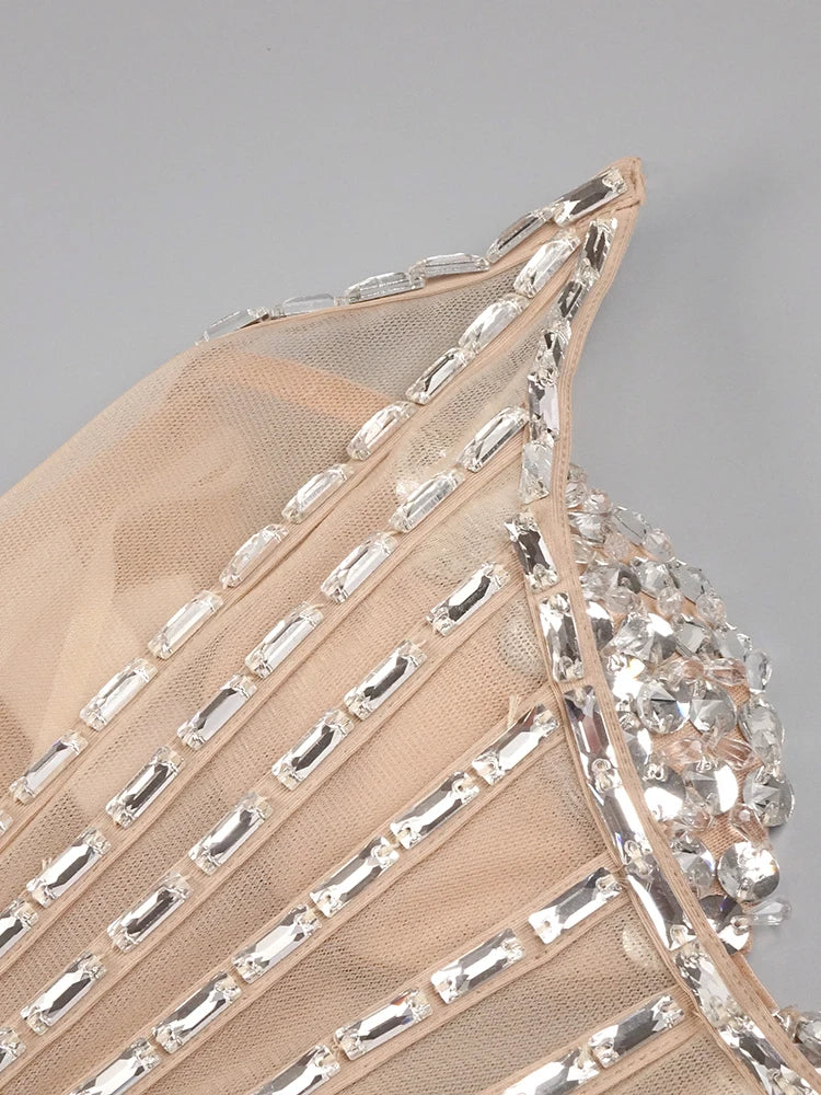 Nude Crystal Tassels Maxi Long Dress Strapless See Through Mesh Sequins Maxi Bodycon Celebrity Party Cocktail Evening Gowns