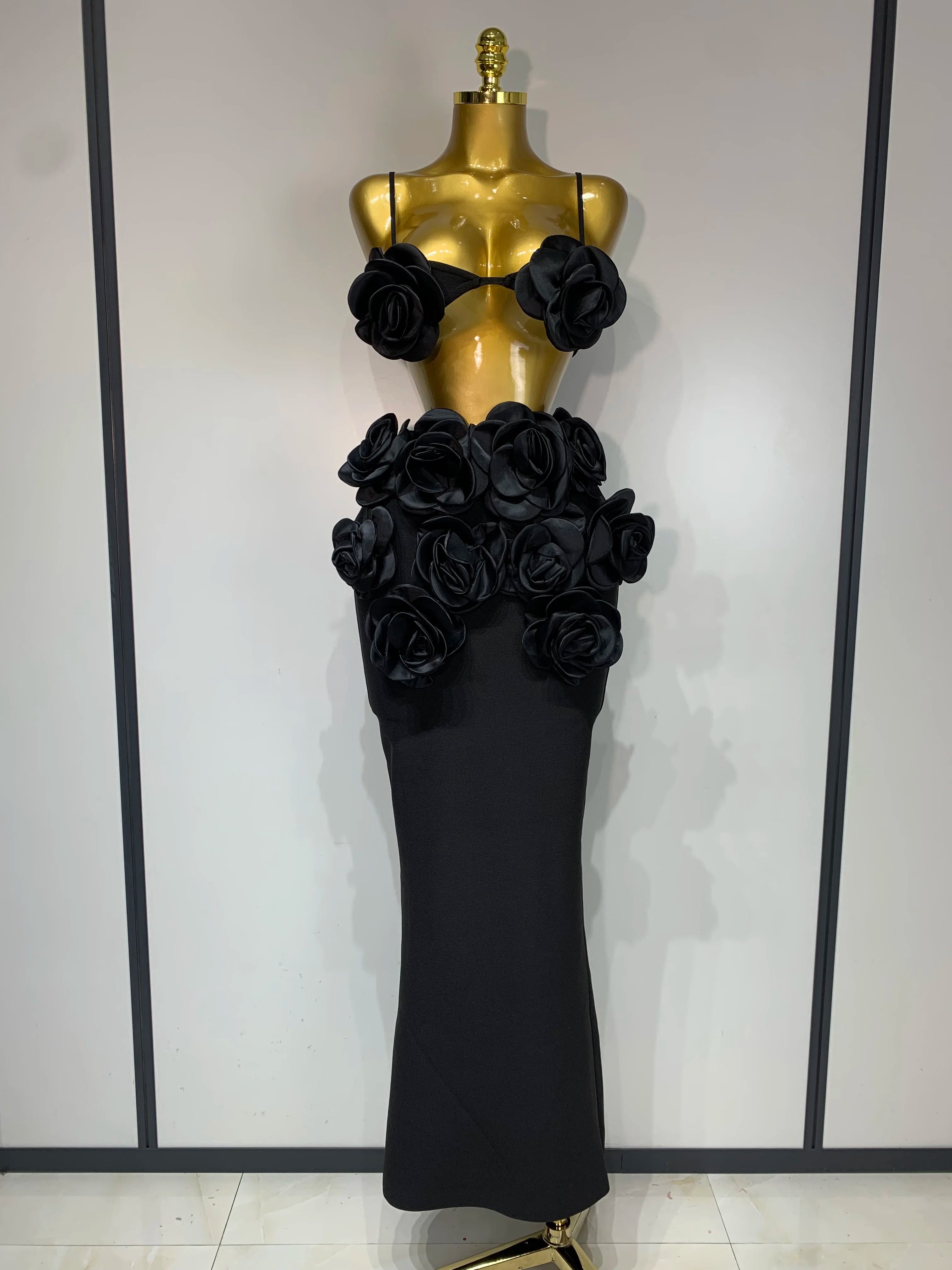 Women Sexy Camisole Floral Bandage Long Skirts 2-Piece Set 2025 Celebrity Elegant Party Cocktail Prom Gown Nightclub Outfit black