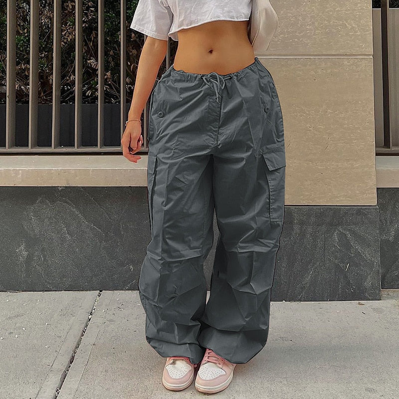 Y2K Clothing Oversized Plus Size Low Waist Parachute Loose Baggy Sweatpants Trousers Women Jogger Cargo Pants Streetwear Outfits gray