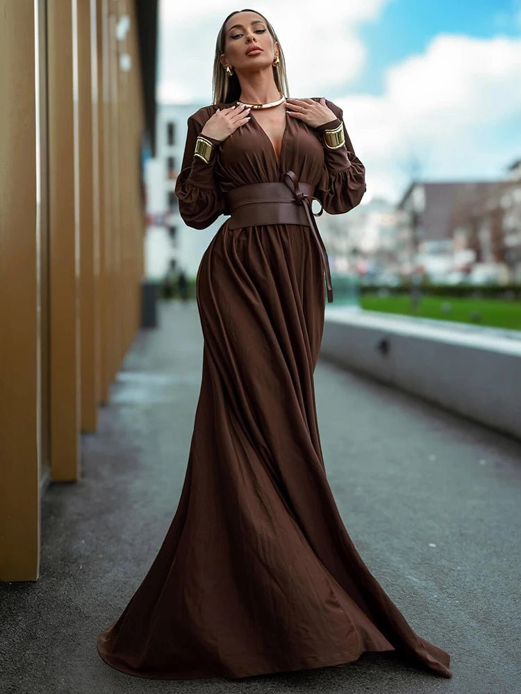 2024 Spring Fashion Dresses For Women Plunging V Neck High Waist Belt Long Sleeves Wedding Party Dress Brown Gowns