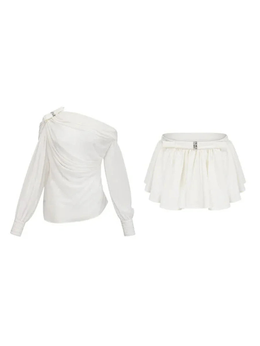 Solid Loose Two Piece Sets for Women Diagonal Neck Long Sleeves Spliced Bow Top Patchwork Ruffles Skirt Female New WHITE