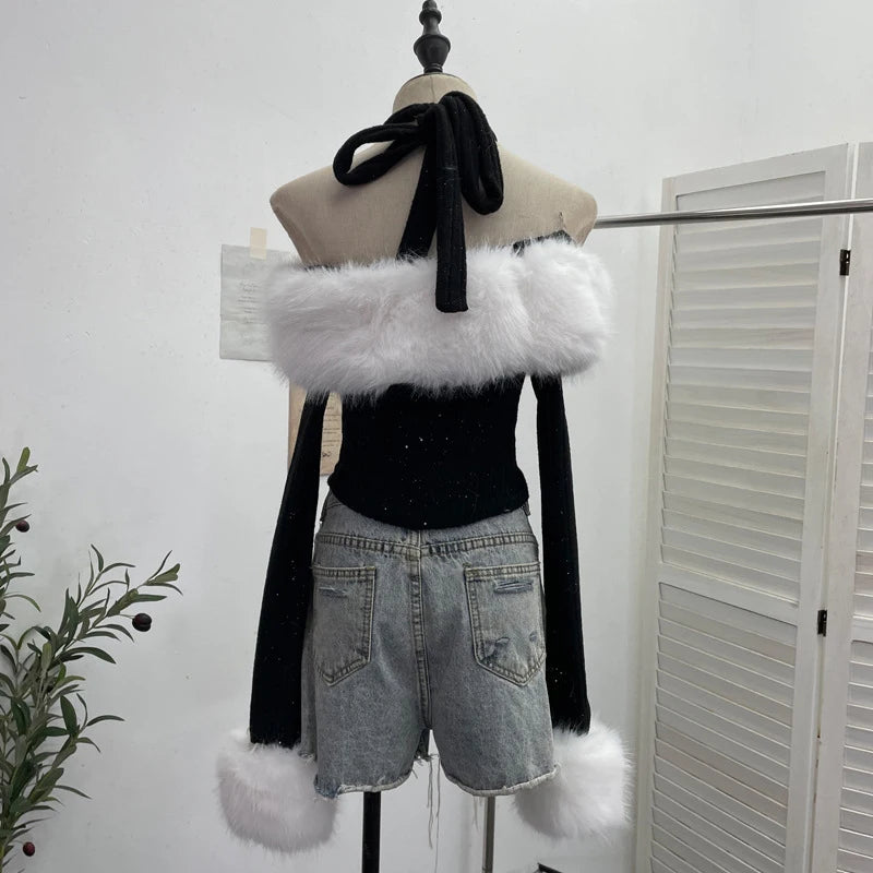 Spring New Detachable Fur Collar Lace-Up Halter Neck Off-Shoulder Knit Sweater For Women Slim Fit Short Top 11A07918