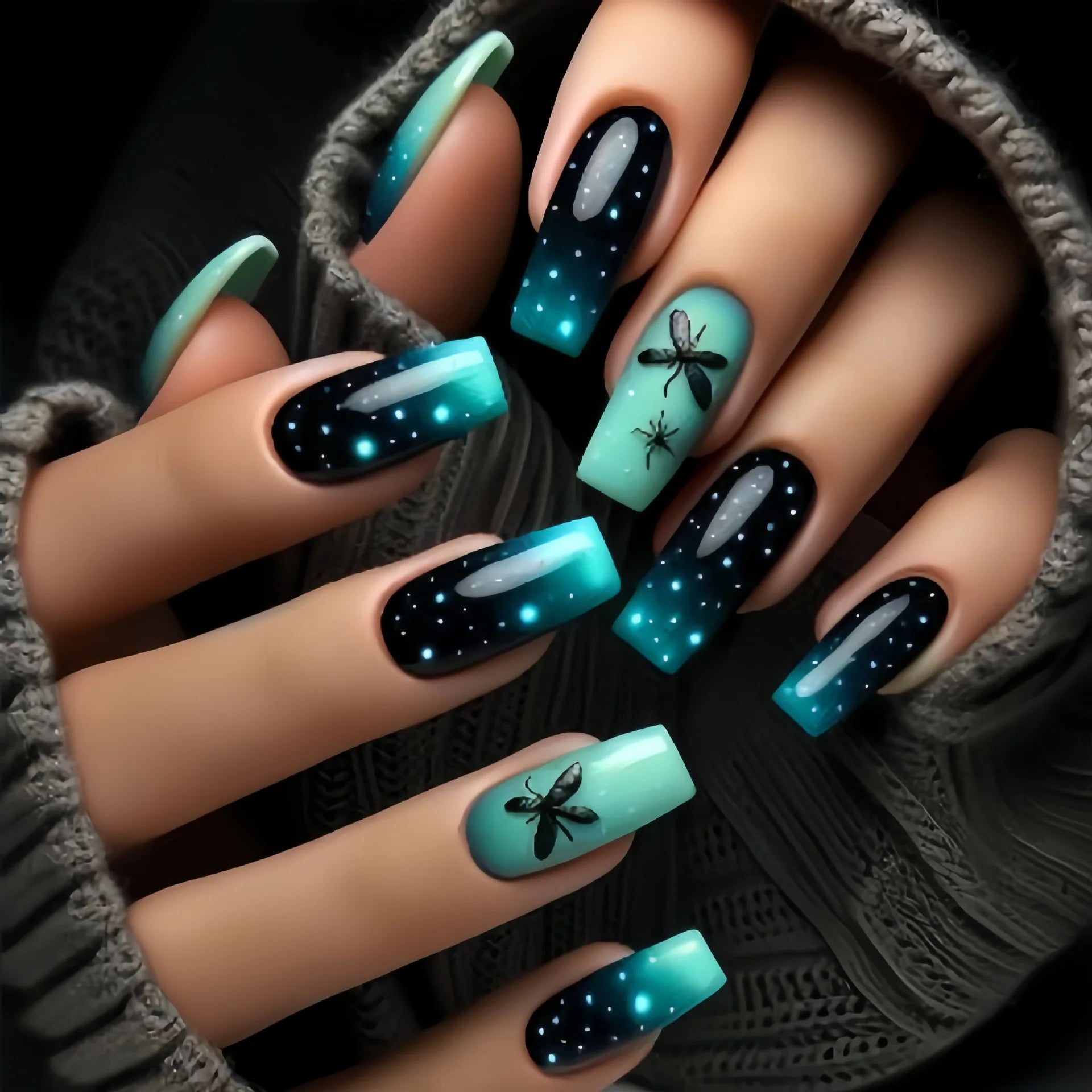 24pcs/set medium long fake nails fashion butterfly feather forest sea wave design gradient blue purple green press on false nail 1774