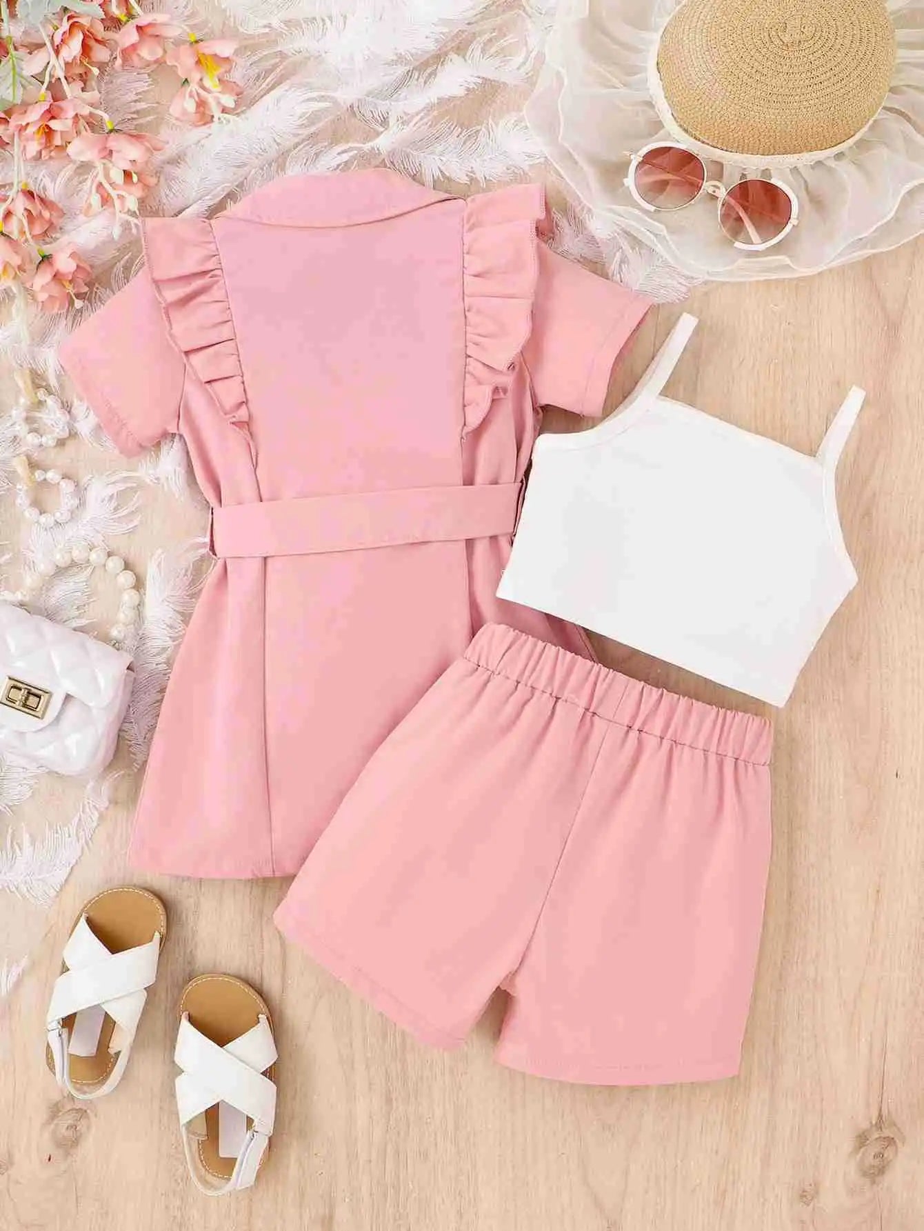 Summer Girl Suit Strap Solid Color+Short Sleeved Lapel Suit Jacket+Shorts 3Pcs Girls Outfits Korean Kids Children Clothing Sets