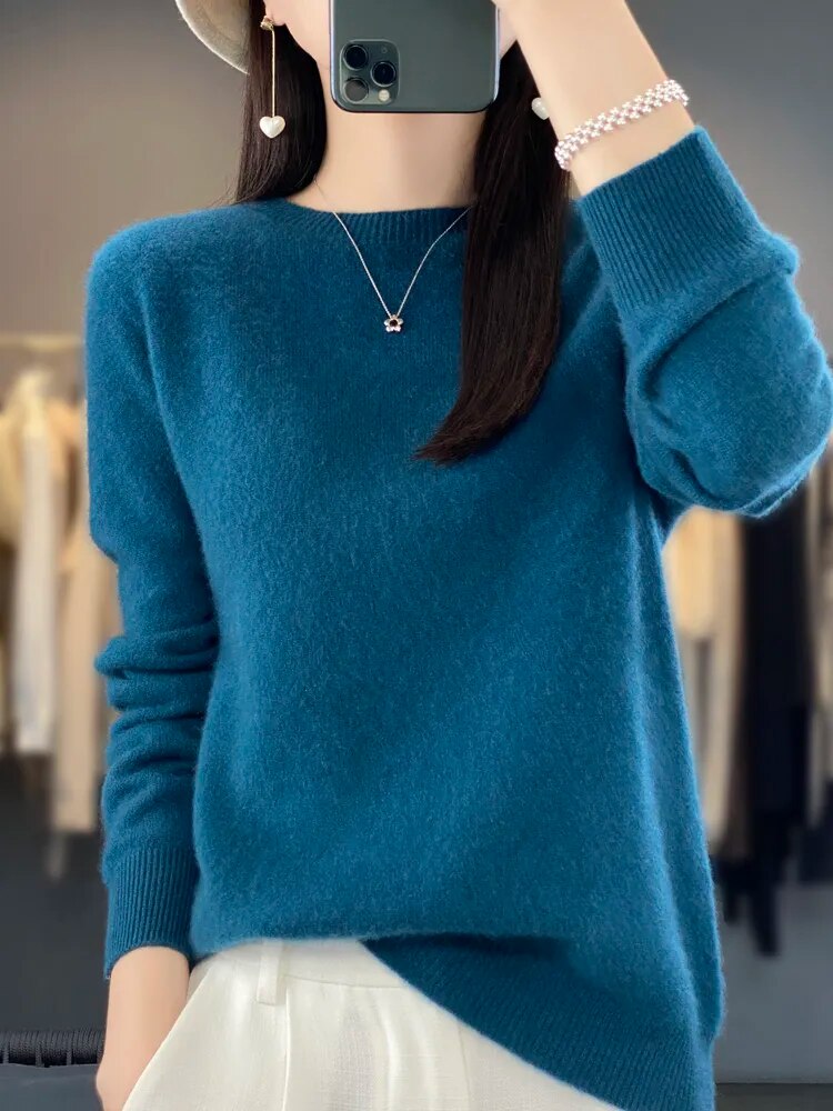 Women 100% Pure Merino Wool Knitted Sweater Autumn Winter Fashion O-Neck Top Cashmere Warm Pullover Seamless Jumper Clothes Seaweed Blue