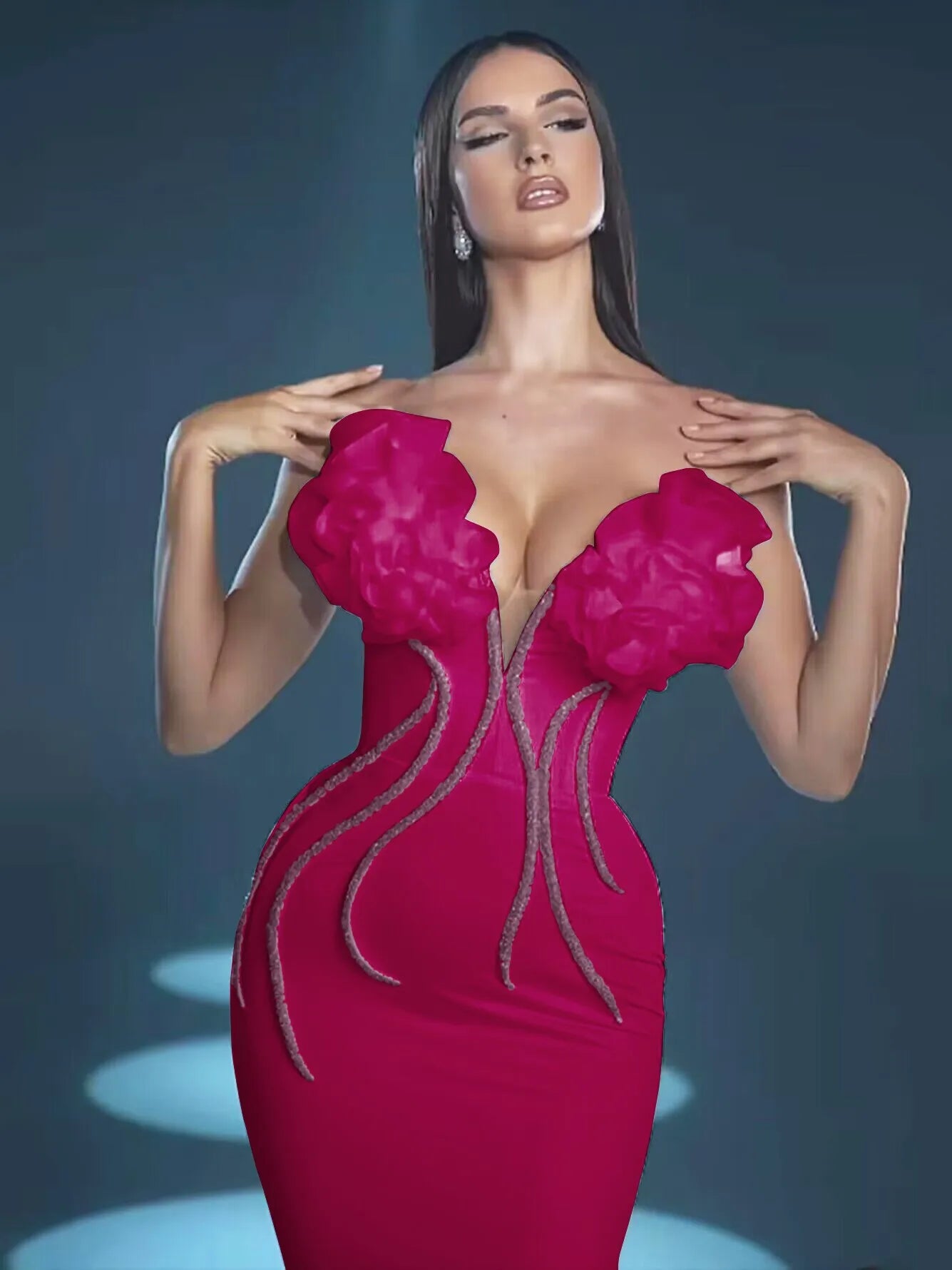 Rosered Color Women Sexy Strapless Florals Bodycon Long Bandage Dress Fashion Celebrate Nightclub Party Birthday Dress