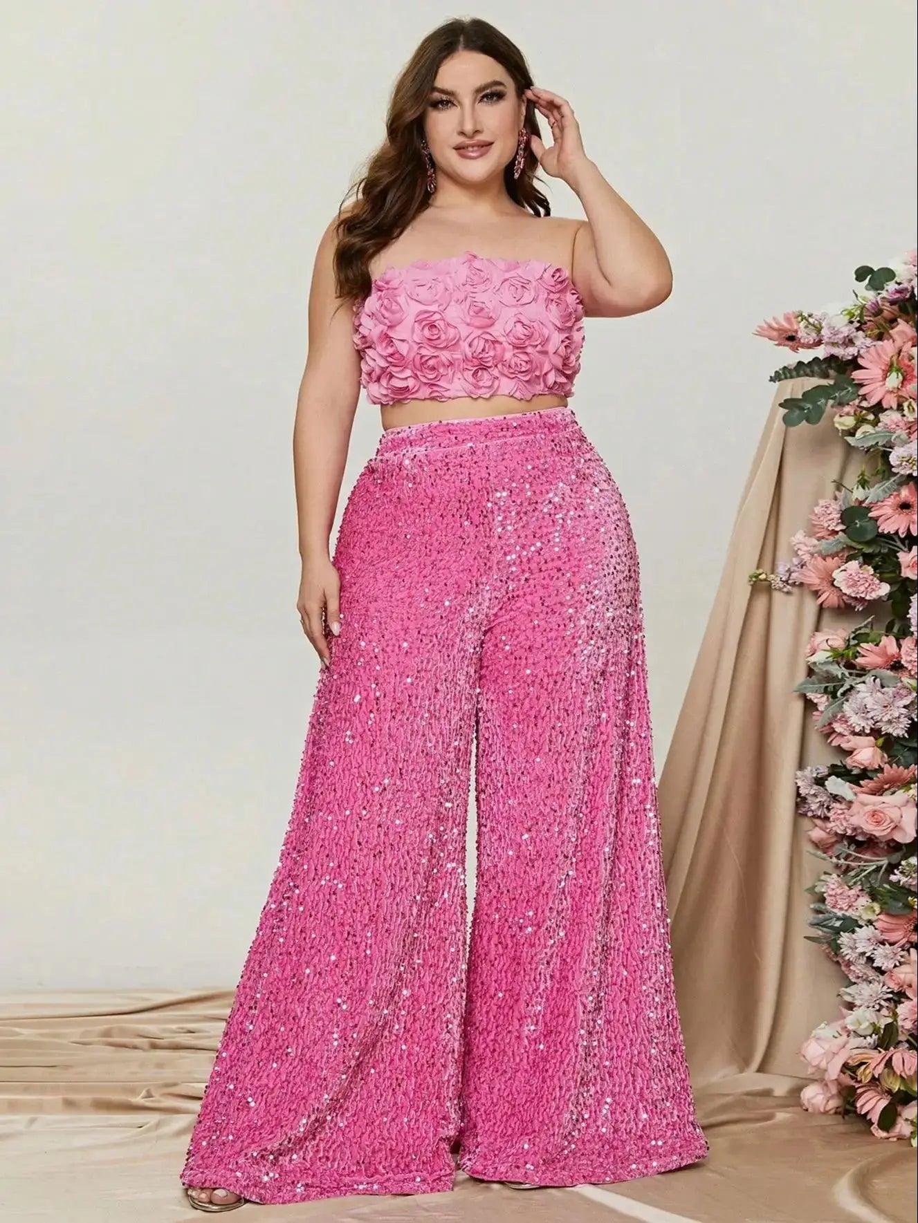 Plus Size Tube Top 3D Flower and Sequin Party Suit Pink