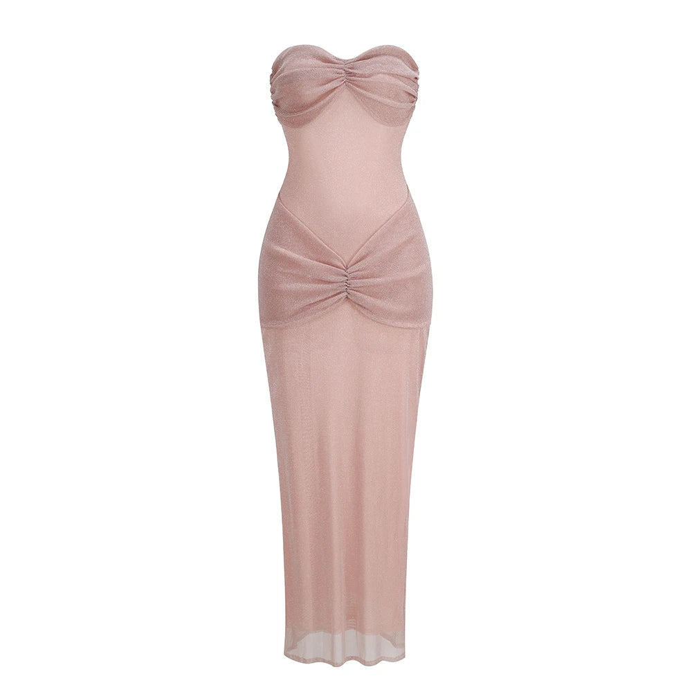 Strapless Ruffled Knot Long Dress Backless See Through Sleeveless Pleated Prom Party Club Cocktail Bodycon Ruched Maxi Dress Beige