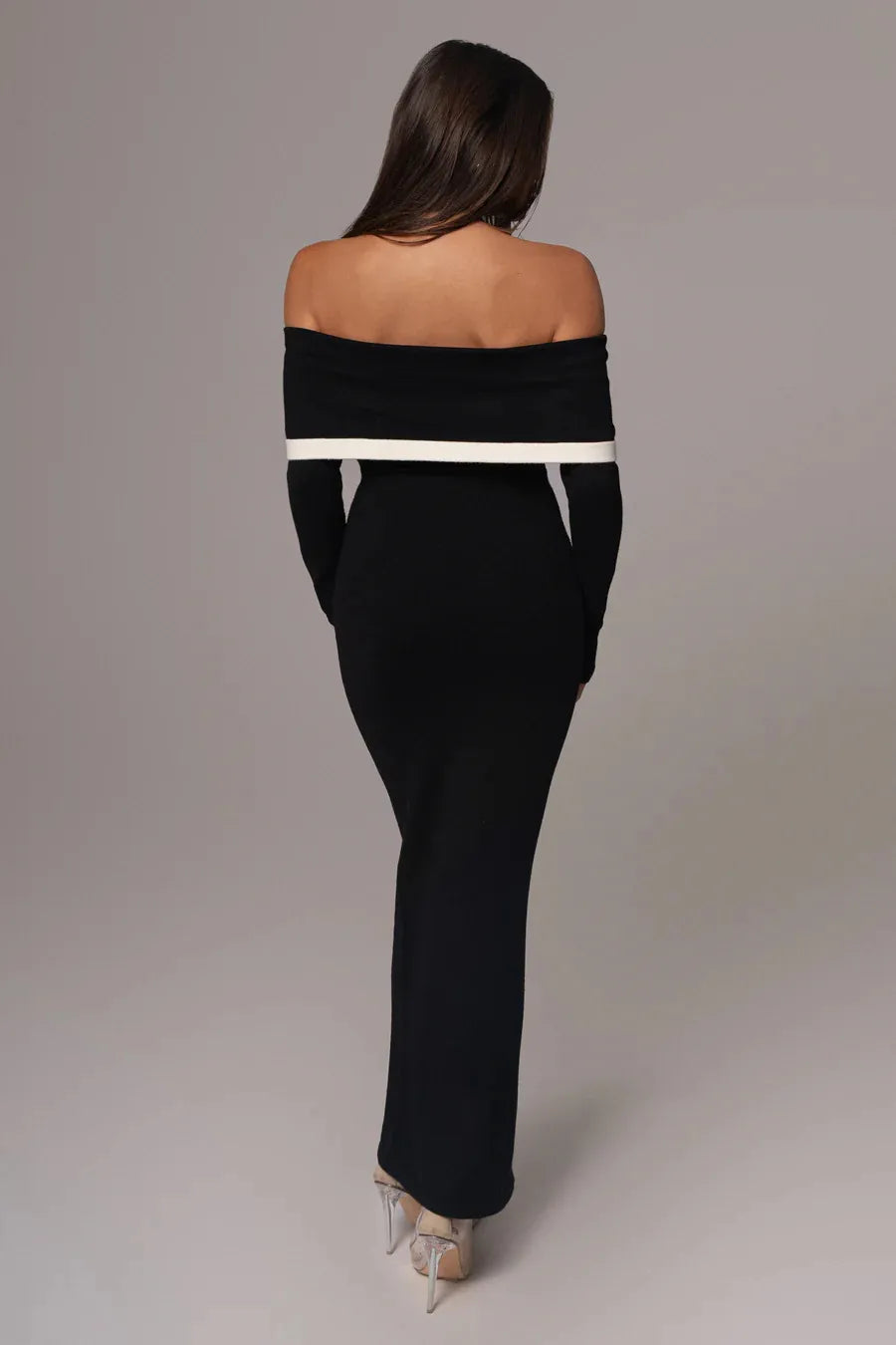 Black Brown Color Women Long Sleeve Sexy Slash Neck Off the Shoulder Bodycon Bandage Long Dress Celebrate Evening Party Dress