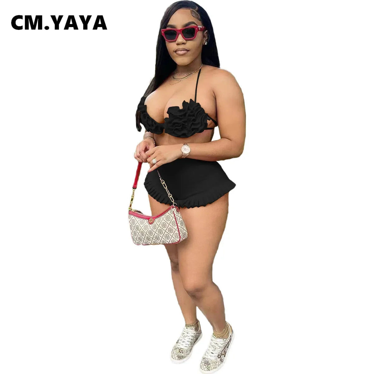 Women's Set Ruffles Crop Top Bra and Shorts Bikini Set Streetwear Casual Two 2 Piece Outfits Summer 2024 Beach Holiday