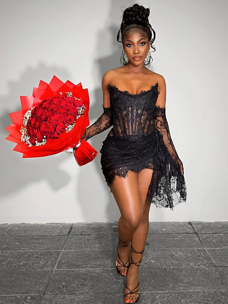 Birthday Party Dresses For Women Sexy Strapless Draped Design Lace Mini Dress With Gloves Long Sleeves