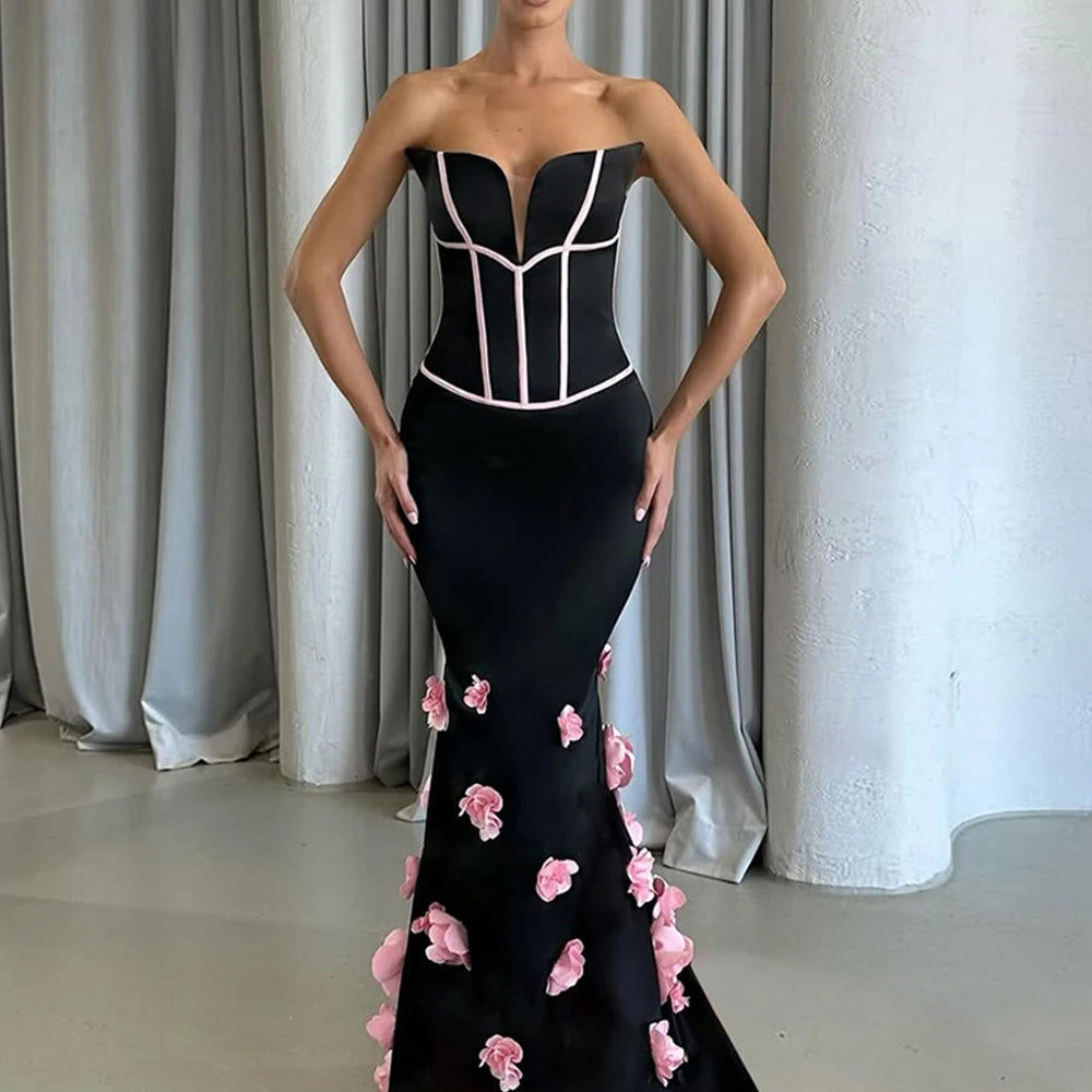 Sexy Off Shoulder 3D Flowers Bandage Mermaid Dresses Womens Strapless Evening Party Formal Long Dress Birthday Prom Vestidos