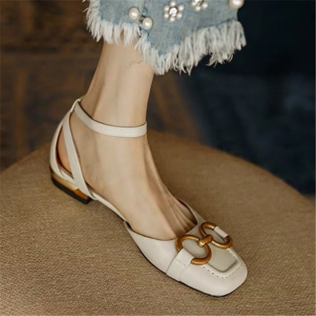 Women's Sandals Elegant Office Ladies Shoes and Sandals Women Casual Shoes Square Heel Sandals Slip On Woman Flats beige