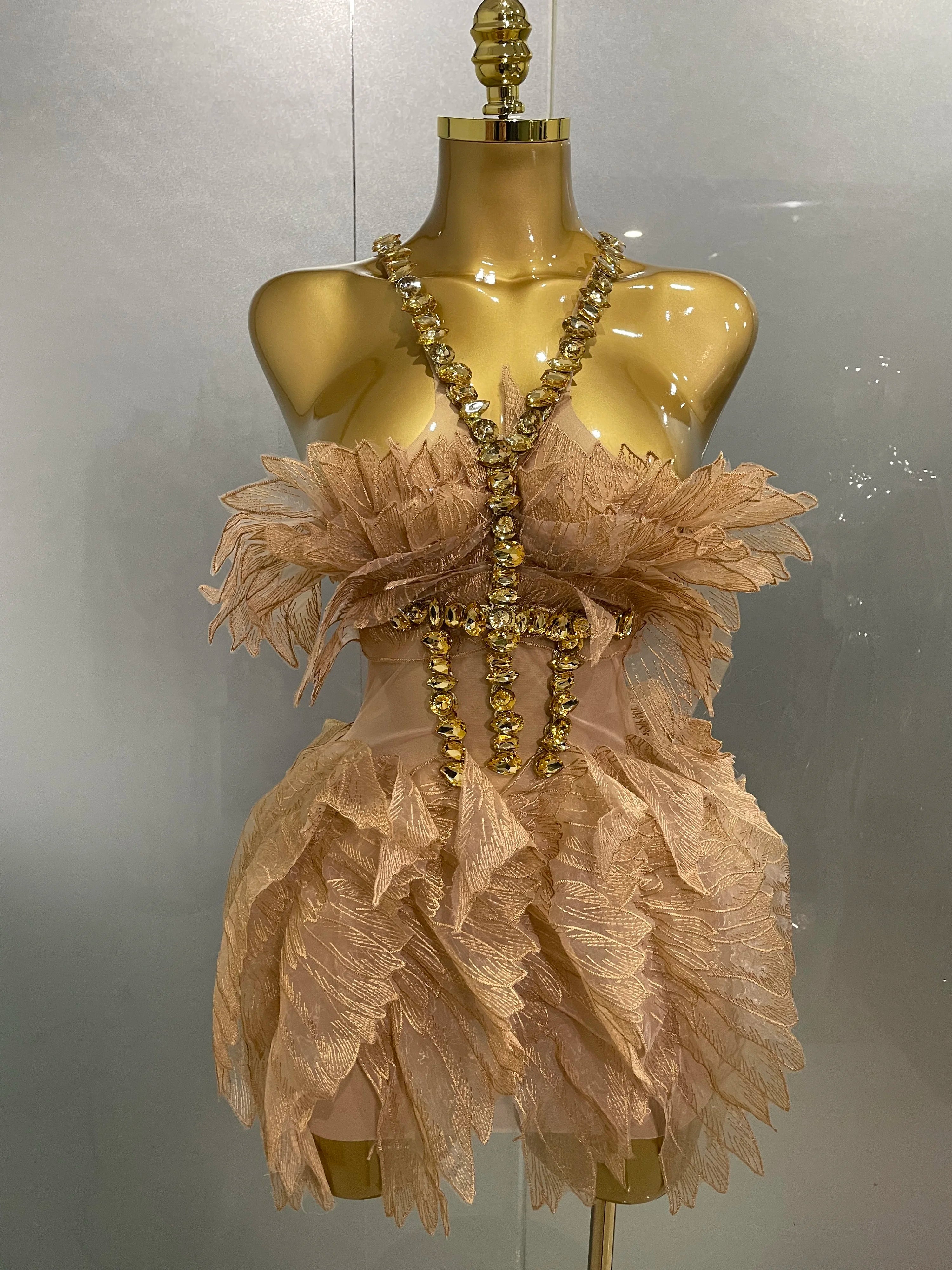 Sexy Shining Gold Crystal Transparent Wings Mini Dress 2025 Women Birthday Party Bar Nightclub Singer Stage Performance Costume Gold