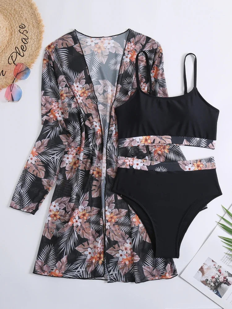 New 3 Pieces Set High Waist Bikini Women Swimsuit&Kimono Bandeau Swimwear Sexy Cover Ups Floral Beachwear Bathing Suit
