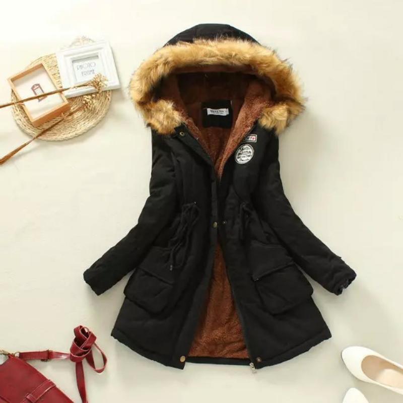 Women Autumn Winter Cotton Jacket Slim Warm Wadded Hooded Parkas Casual Mid Coats Emboridery Female Thick Outwear Overcoat
