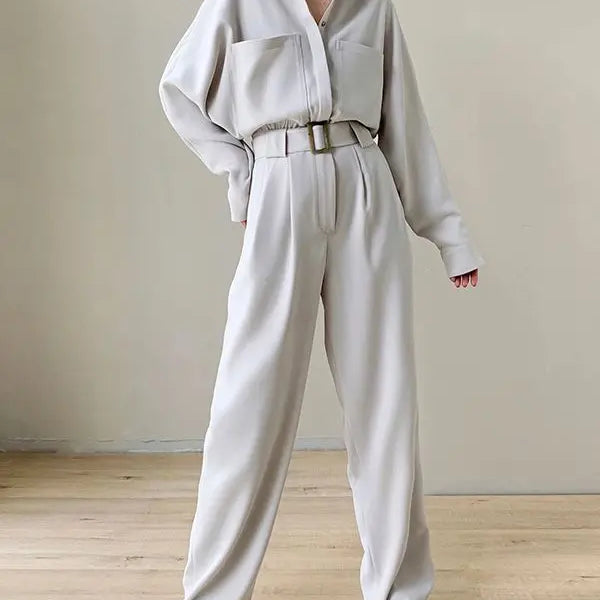 Lautaro Spring Autumn Beige Long Soft Flowy Stretchy Jumpsuit Women with Belt Black One Piece Shirt Jumpsuits for Women 2025 Off white