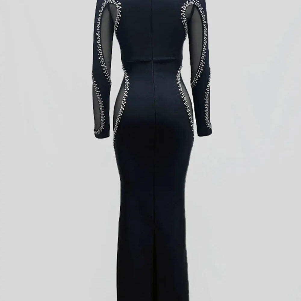 2024 Autumn Women's Light Luxury Diamond Mesh Patchwork Bandage Dress Long Sleeve Bodycon Tail Dresses Evening Party Vestidos