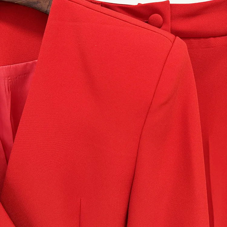 2025 New Red Color Women Long Sleeve Ruffles V-Neck Fashion Women's Set Elegant Evening Party Office Lady Wear Top Quality