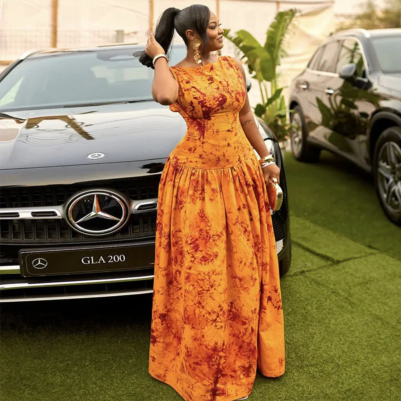 Women Floral Print Sleeveless Big Swing High Waist Long Maxi Dress 2025 Chic Evening Sexy Party Vintage Dresses Vestidos Yellow