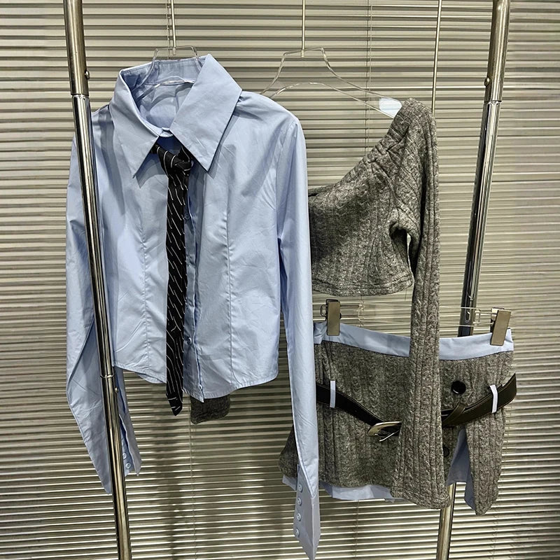 Autumn Winter New Knit Sweater Blue With Tie Shirt Spliced Fake Two-Piece Top Skirt Women's Three Pieces Set 11A07568 Gray Suit
