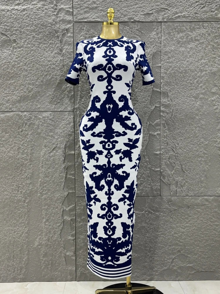 Top Quality Women Short Sleeve Sexy Blue Jacquard Bodycon Long Bandage Dress Elegant Evening Party Occation Office Wear