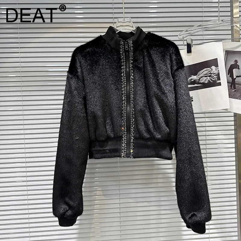 Winter New Fashion Rhinestone Edge Plush Cotton-Padded Short Jacket For Women High Waist Zipper Coat Female 11A07454