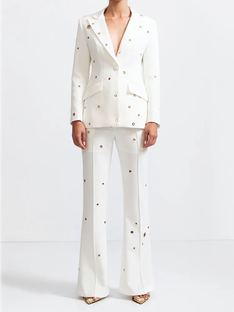 Casual Hollow Out Two Piece Sets For Women Notched Collar Long Sleeve Blazer High Waist Pant Loose Set Female Style