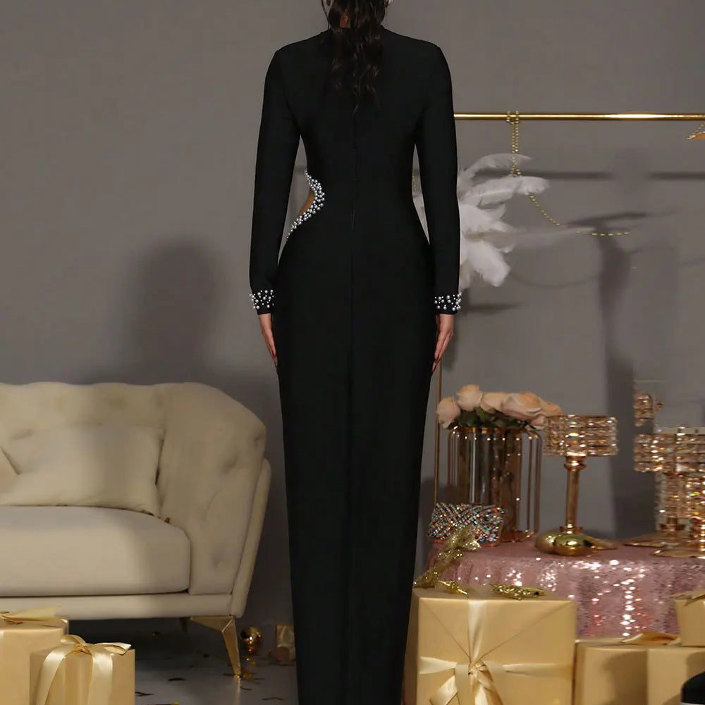 2025 Sexy Women's Pearl Nail Bead Design Bandage Long Dress Stand Collar Long Sleeve Bodycon Hollow Dress Cocktail Banquet Dress