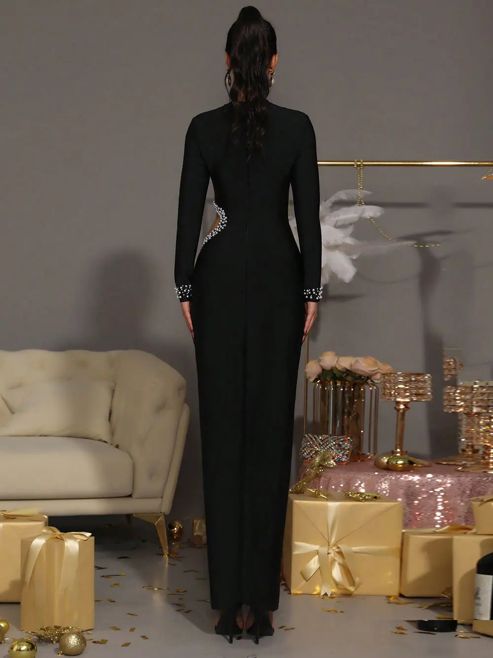 2025 Sexy Women's Pearl Nail Bead Design Bandage Long Dress Stand Collar Long Sleeve Bodycon Hollow Dress Cocktail Banquet Dress