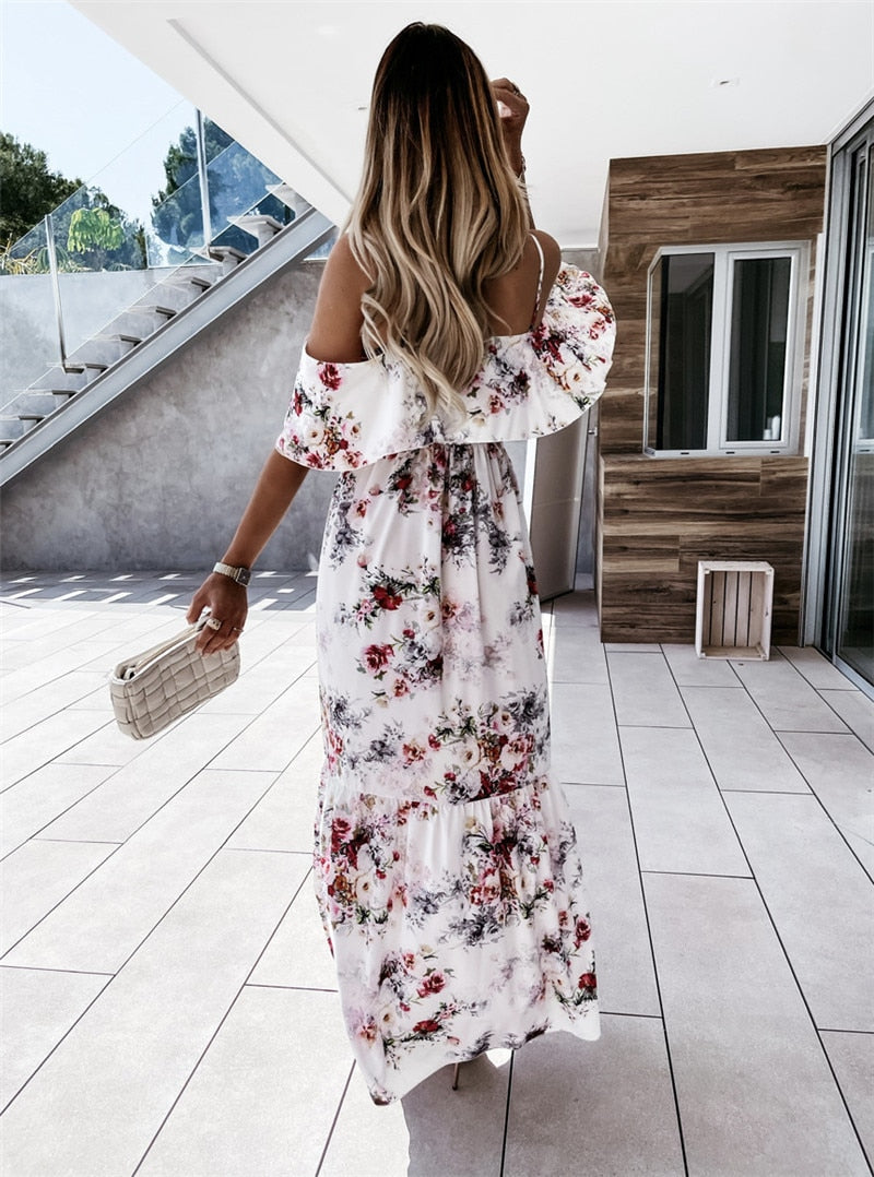 Women Boho Floral Cold Shoulder Elegant fashion Maxi Dress Ladies Summer Ankle-Length