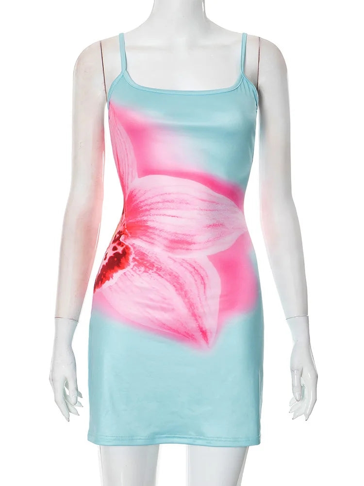 Spaghetti Strap Floral Print Sexy Mini Dress For Women Robe Fashion Elegant Sleeveless Backless Summer Beach Dress Blue