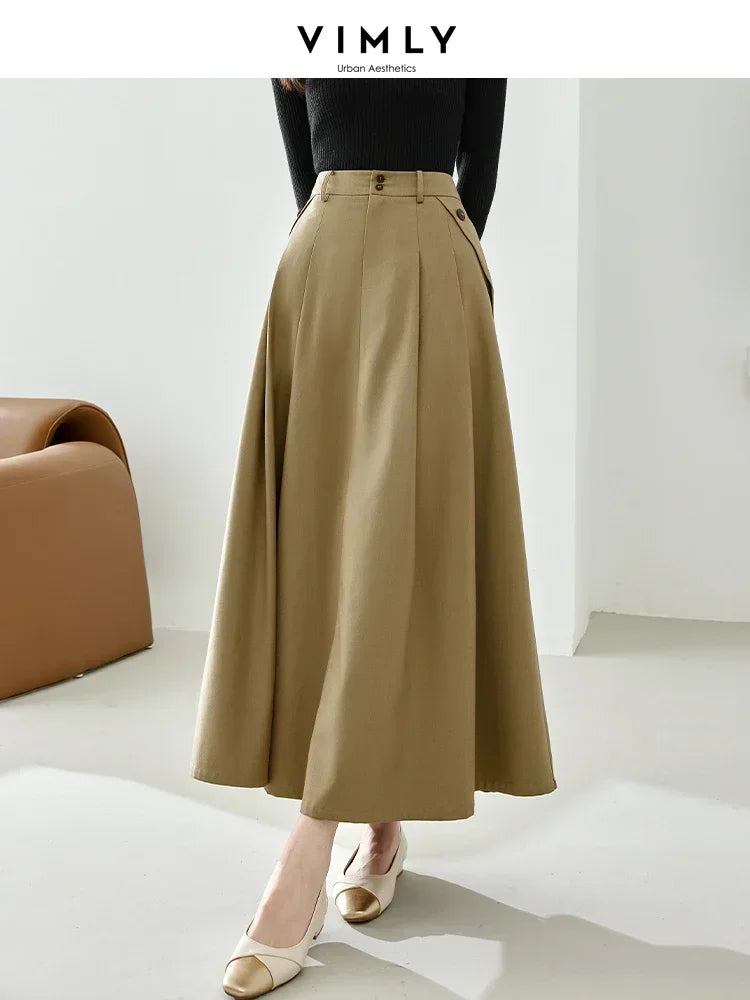 Vimly High Waist Swing Maxi Skirt for Women Spring Solid Elegant Office Lady Khaki A-line Long Skirts Womans Clothing M2689 Khaki