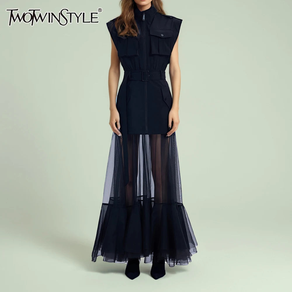 Solid Sheer Spliced Mesh Folds Dress for Women Round Neck Sleeveless Patchwork Zipper elegant Dress Female Fashion